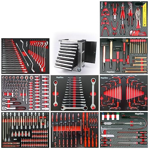 Mephisto Werkzeugwagen Werkstattwagen mit 9 Schubladen Davon 9 Schubladen mit Werkzeug wie Schraubenschlüssel, Ratsche mit Nusskasten, Ringschlüssel usw. in Soft Inlays in Carbonoptik gefüllt