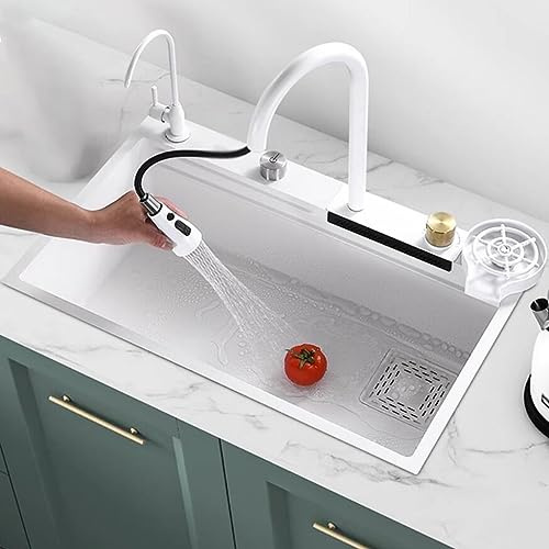 Weißes, Einfaches Apartment-Barwaschbecken Multifunktionsspüle Aus Edelstahl Hotelküchenspüle Mit Wasserhahn, Siphon Geschirrspülbecken(68 * 45 * 21cm)