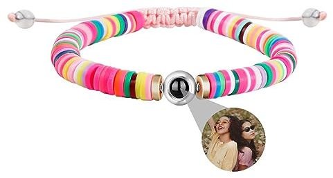 Personalisierte Foto Armband Projektion Armband mit Bild im Stein Lupe Verstecktem Fotoarmband für Frauen Damen, Heishi Surfer Stretch Ton Armband mit Bohème Perlen Polymer Sommer Strand Armband