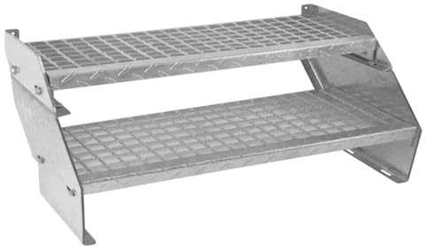Scala in metallo a 2 livelli regolabile in altezza 90 cm di larghezza Acciaio zincato argento 2 gradini regolabili Griglia resistente alle intemperie Spessore asta 5 mm Kit di fissaggio GRATUITO