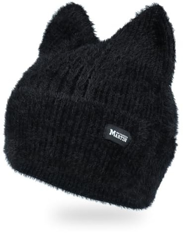 ZSYTF Bonnet tricoté tendance avec oreilles de chat pour femme - Bonnet chaud - Chapeau de ski en plein air - Coupe-vent, Noir, taille unique