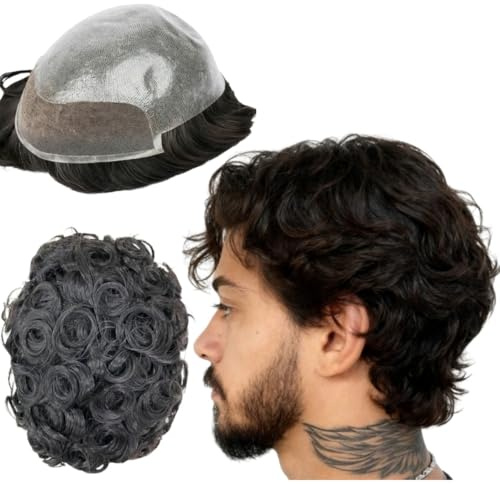 Toupet Perruque de cheveux humains pour homme avec dentelle suisse douce en PU + cheveux fins suisses 10 mm, cheveux ondulés pour homme, 25,4 x 20,3 cm (#1B noir cassé)