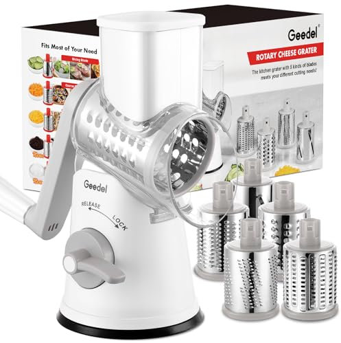 Cheese Grater, Geedel Vegetable Slicer with 5 Replaceable Blades, Rotary Grater for Cheese Cucumber Potato Nut, Ice Crusher for Smoothie Ice Cream, Cutter for Kitchen Faster and Easier Cutting, White