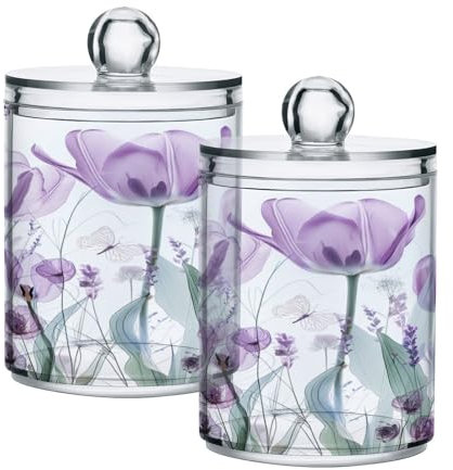 senya Tarros de plástico transparente para hisopos de algodón, tulipanes morados, flores pastel, organizador de almacenamiento con tapas, juego de 2 piezas para bola de algodón, hisopo de algodón,