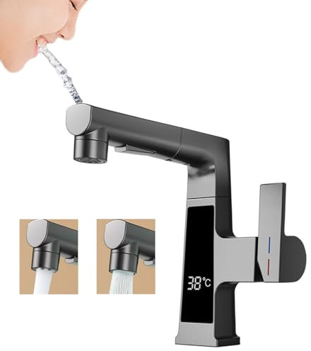 Waschtischarmatur mit Herausziehbarer Brause 360° Schwenkbar Wasserhahn Bad Ausziehbar Waschbecken Armatur Badezimmer Mischbatterie Einhebelmischer Dark Grey