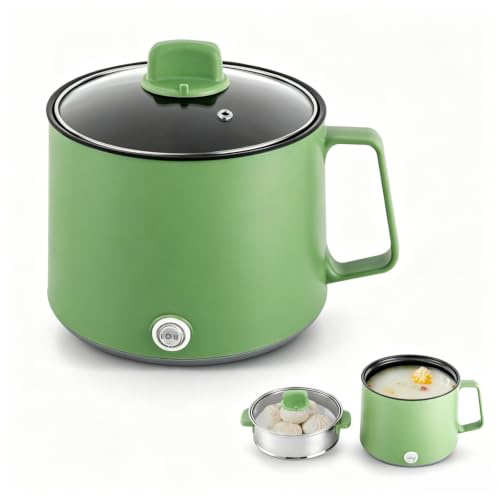 Double cuiseur électrique portable anti-adhésif de 1,7 l avec double puissance de 300/600 W, pot portable anti-adhésif avec cuiseur vapeur en acier inoxydable pour Stir Fry, steak, pâtes, 17 x 17 x 25