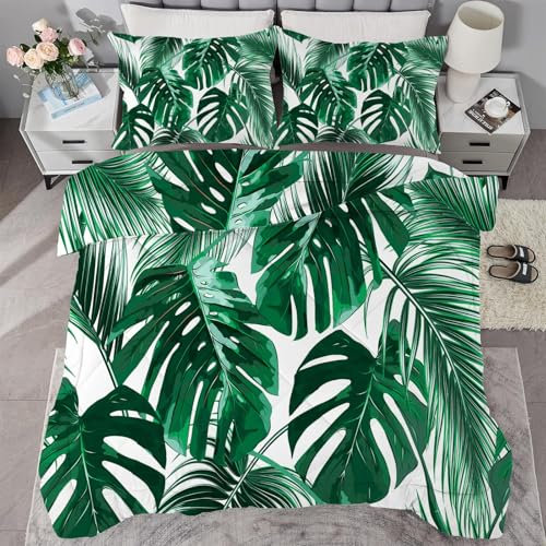 buyluhn Bettdecke 135x200 Ohne Bezug Nutzbar，4 Jahreszeiten Bettdecken PalmenbläTter Kinder Steppdecke GrüN Ganzjahresdecke，Waschbar Bettzeug mit 1 Kissenbezug für Sommer Winter