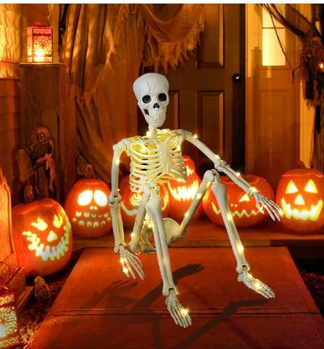 Halloween Deko Skelett Mit LED Licht, 90cm Lebensgroß Gruselig Realistische Menschliche Skelette Mit Beweglichen Gelenken für Outdoor Party Dekoration (A)