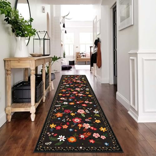 WTHYGB Teppich Läufer Flur rutschfest Teppichläufer Flur Waschbar, Lang Modern Blumen Küchenteppich, Flurläufer, Teppich Läufer für Flur, Küche, Korridor, Schlafzimmer, Wohnzimmer