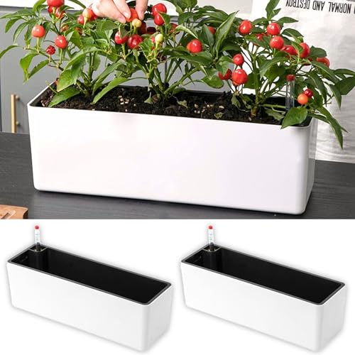 LaLaGreen planteringslåda för inomhusväxter (16 tum, 2-pack) vit rektangulär självvattnande blomkruka, stora fönsterlådor planterare med dränering dekorativ modern balkong fönsterbräda örter hem