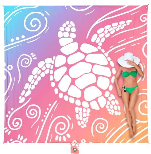 WEKAPO Beach Blanket Waterproof Sandproof Oversized Extra Large Sand Free Beach Mat with Stakes, Storage Bag - Essentials for Outdoor Beach, Picnic (Pinkish Purple Sea Turtle, 8 X 7 FT (1~4 Person))