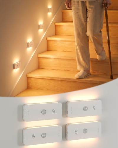 Yiliaw Treppenbeleuchtung mit Bewegungsmelder Innen, LED Nachtlicht mit Bewegungsmelder Akku, Aufladbares Magnetisches Treppenlicht für Stufen, Treppe, Flur und Schlafzimmer, 4er Pack