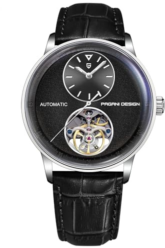 Pagani Design Herrenuhr Automatik Mechanisch Skelettdesign mit Kleiner Lünette 42mm Edelstahlgehäuse & PU-Lederband 10ATM wasserdicht (100m)