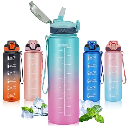 SEASEVEN Sports 1L Water Bottle with Straw for Gym,Office(Cyan-Pink) | Drinks Bottle,1 Litre Water Bottles with Time Markings,Girls Boys Waterbottle Leak-Proof & Bpa-Free for Outdoor