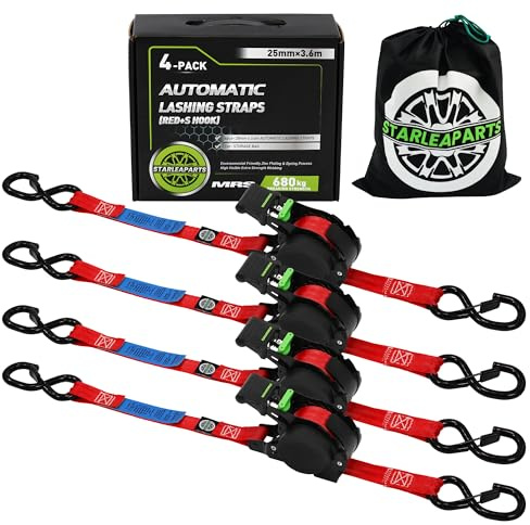 STARLEAPARTS Automatik Spanngurt mit S Haken und Ratsche, 4 Stück | 3,6 m x 25mm, 340KG/680KG, Automatischer Spanngurtaufroller, Einziehbare Spanngurte für Motorrad, Kajak und LKW, Rot