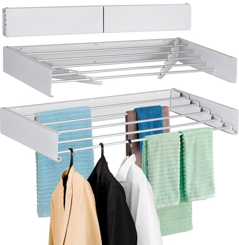 FOCHIER F Laundry Drying Rack Wall Mounted Clothes Drying Rack Collapsible 31.5 Wide with 13.2 Linear Ft and 5 Aluminum Rods Drilling Template Long Screwdriver Bit 60 lbs Capacity (White, 31.5)