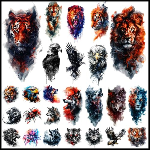 CHARLENT 25 Sheets Animal Temporary Tattoos for Men | Watercolor Lion Wolf Tiger Eagle Fake Tattoo Stickers, Sleeve Arm Realistic Designs for Adults
