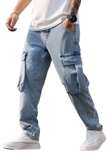 Zewool Jean cargo baggy pour homme avec coupe large dans une coupe ample et ample - Pantalon hip hop streetwear en jean, B18 bleu clair, XXL