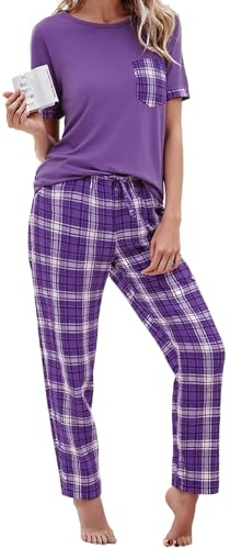 Litherday Pigiama Donna Estivo Due Pezzi in Cotone Morbido con Maglietta Girocollo Manica Corta e Pantaloni Lunghi a Quadri Viola + Motivo a Quadri S