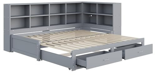 Generisch Massivholzsofa, mit Ausziehbett, mit Staufächern, Schubladen, Lattenrost, multifunktionales Einzelbett aus Holz, grau, 90/180 * 190cm