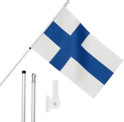 I LOVE FANCY DRESS Bandiera della Finlandia, asta e supporto da parete, 1,5 x 0,9 m, bandiera finlandese con occhielli, asta estensibile e supporto, decorazione per interni ed esterni