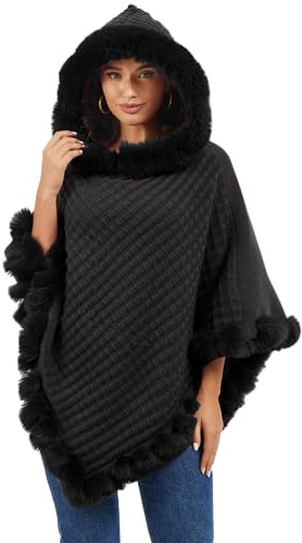 Rayson Poncho Femme Hiver Elégant Chaud Châle avec Tricoté à Capuche Manteau en Fausse Fourrure pour l' Automne Hiver(Noir)