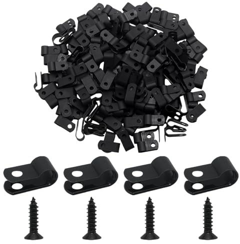 Adyoney 200Pcs Black Plastic Nylon Rope Light Clips with Stainless Steel Screws, 1/4 Cable Clamps Wire Clips, 1/4 Inch R-Type Cable Clip Wire Clamps, Extension Cord Wall Clip