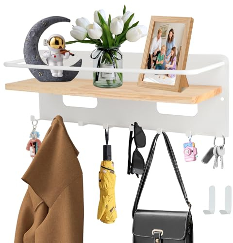 GEEKHOM Schlüsselbrett mit Ablage & 8 Haken – Holz Schlüsselhalter Wandmontage (Bohren) – Modern Schlüssel Aufbewahrung Wand Organizer Inkl. 2 Klebehaken für Flur, Küche, Eingangsbereich (weiß)