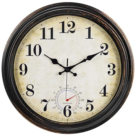 Horizent Large Outdoor Clocks Waterproof with Thermometer Combo Vintage Wall Clock Decor for Bathroom Patio Pool Garden(16 Inch)