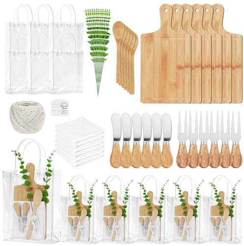 6 Sets Mini Bamboo Cheese Board Gift Set - Personalised Wedding Favours for Guests, Small Charcuterie Board with Knife Fork Spoon & Gift Bags, Baby Shower Party Favours, Bridal Shower Prizes
