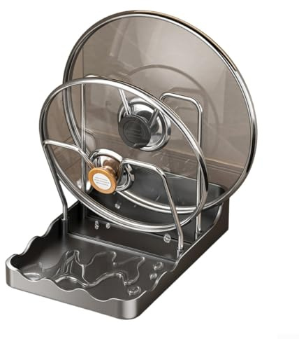 Topfdeckelhalter für Küchenarbeitsplatte – 2-in-1-Topfdeckel-Organizer mit Löffelablage und Stoffhalter, grau, PP + Edelstahl, 20 x 14 x 18 cm (A)