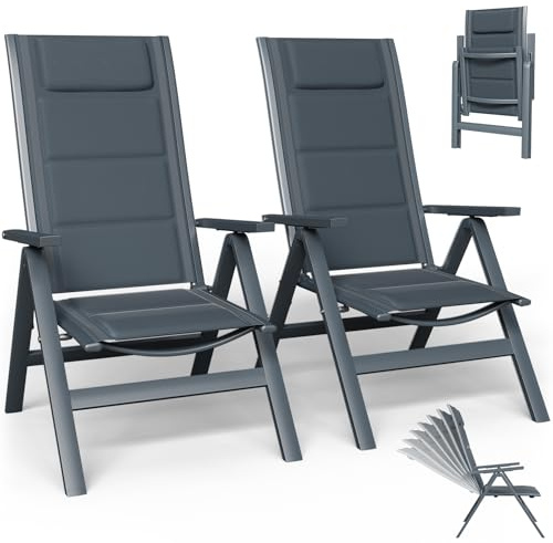 TRIUMPHKEY Gartenstuhl mit hoher Rückenlehne, 4er Set Klappbare Campingstühle aus Aluminium mit Kopfkissen & Abdeckung, 7-Fach verstellbare Rückenlehne, wasserfest und rutschfest, hellgrau