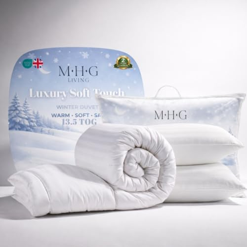 MHG Living 13.5 Tog Double Duvet 200x200cm + 2 Microfibre Pillows – Extra Warm Winter Cosy Thick Bedding Bundle, Hotel Quality Hollowfibre, Hypoallergenic Anti-Allergy, Machine Washable & Made in UK