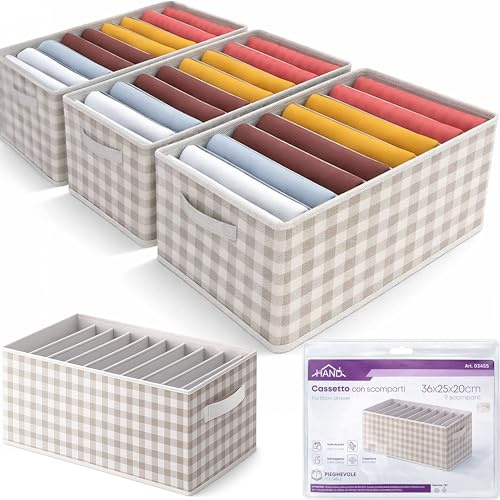 HAND Organizer Armadio 3 Pezzi per Jeans e Cassetti – Scatole Portaoggetti Pieghevoli con 9 Scomparti 36x25x20 cm, Contenitori Salvaspazio Impilabili in TNT per Vestiti, Maglioni e Biancheria