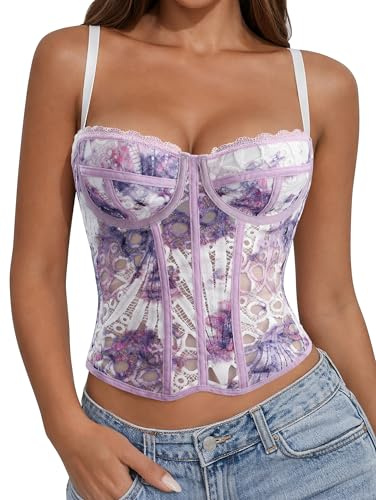 LEACOOLKEY Corsetto per Donna Top Bustier Sexy in Pizzo e Mesh Che Escono Top Corto con Spalline per Uscite Serate Appuntamenti e Feste-