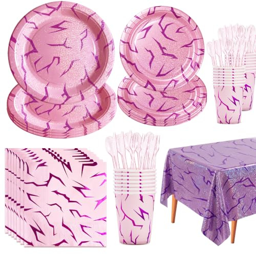 ZenDecor 169 Pcs Demon Movie Hunters Birthday Party Supplies for 24 Guests, Kpop Birthday Decorations, Pink Holographic Laser Energy Pattern Party Tableware, K Pop Demon Party Decoration