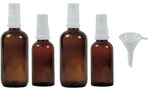 mikken 4er Set Sprühflaschen 2x50ml und 2x100ml Zerstäuberflaschen in Braunglas inkl. Trichter