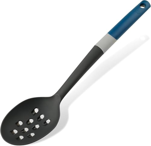 Tasty Servierlöffel mit Reibe - Anrichten, Servieren, Reiben, Kunststoffgriff, 34x7cm, Für Pfanne und Topf, Grau/Blau, Schlitzlöffel