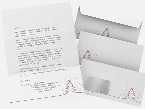 Weihnachtsbriefpapier mit FENSTER-Umschlag 200-tlg | Rotes Tannenbäumchen | 100 Blatt Motivpapier A4 + 100 Kuverts DIN LANG | weihnachtliches Briefpapier