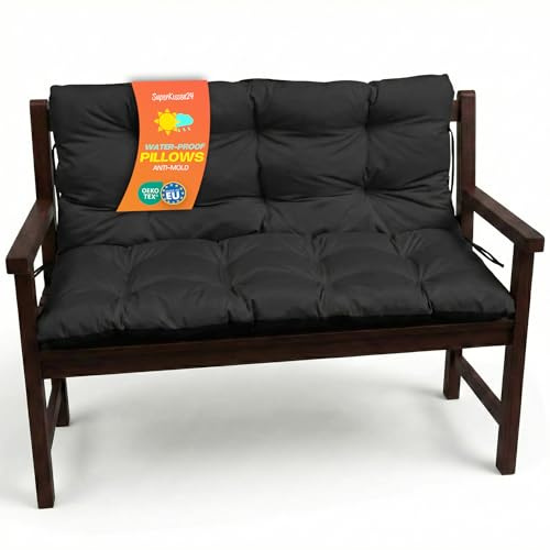 Superkissen24. Large Garden Bench Seat Cushion Seat Pad - 180x50 and 180x60 cm back - Seat cover for Garden Swing or Garden Sofa - Outdoor/Indoor Long Bench Pillow - Waterproof - black