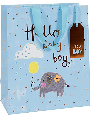 Glick Luxuriöse große Geschenktüte für Neugeborene, blaue Elefanten, Willkommensgeburt, 260 x 315 x 135 mm, Blau