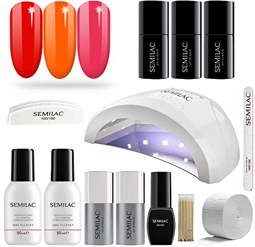 SEMILAC LOVE ME Starter Kit | Kit completo professionale per unghie in gel con lampada LED (48 W/24 W) | Set di smalti per unghie 'NEON' - 317 Neon Red, 566 Neon Orange, 042 Neon Raspberry