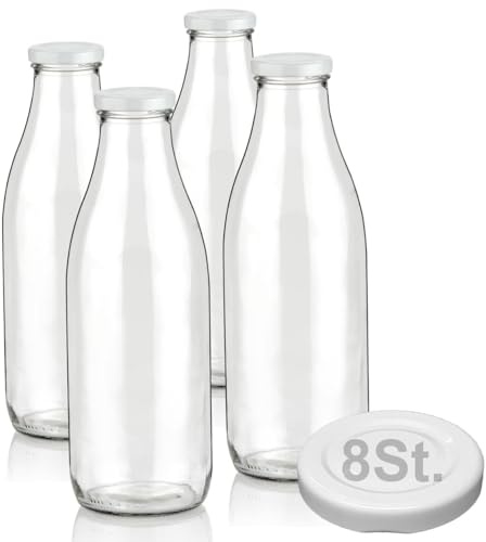 Geniess-Bar! 4 Milchflaschen 1L mit Deckel & Ersatzdeckel 1 Liter Glasflaschen erhältlich mit 2/4/6/9/12/15 Saftflaschen 1000ml Flaschen Weithalsflaschen leer mit Schraubdeckel Vorratsglas