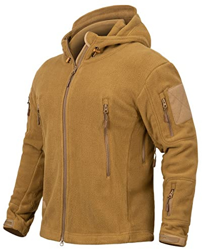 CARWORNIC Taktisk fleecejacka för män varm militär jacka med huva utomhus sport vandringsrock med flera fickor, #2 kaki, S