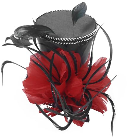 iEFiEL Feder Zylinder mit Clip Zauberhut für Damen Mini Hochzeitshut Maskerade Partyhut Kopfbedeckung Fasching Karneval Haar Accessoire Schwarz Rot One Size