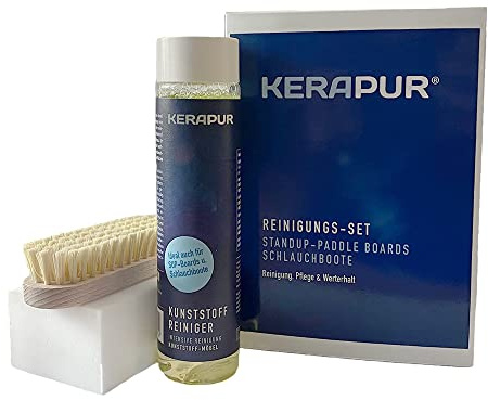 KERAPUR 3-teiliges Reinigungs-Set für Stand up Paddle Boards SUP und Schlauchboote. 250 ml Bürste und Spezialschwamm durchsichtig