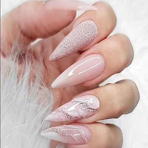 Carufin 24 Stück Plum Blossom Lange Spitznägel Französische Kunstnägel Kristall Acryl Kunstnägel Press on Nails Ballett Kunstnägel für Frauen Mädchen (A)