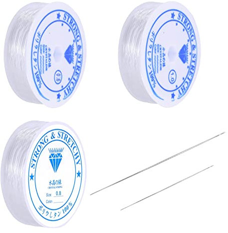 3 Rolls Clear Elastic Bracelet String, 0.6mm 0.8mm 1mm Elastic Bead Thread Transparent Strong Stretchy Crystal String Stretch Line with 2 Bead Needle for DIY Craft Jewellery Making Necklace Beading