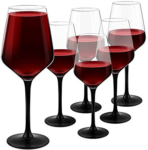 Maverton 6 Calici da vino Rubino - 370 ml - con gambo nero - ottimi per vino secco e dolce - ideali per matrimonio - per compleanno - perfetti per Lui e per Lei - pensiero speciale
