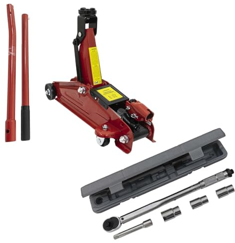 PETEX Rangierwagenheber, 2 T, hydraulisch + Drehmomentschlüssel 40-210 Nm, inkl. 3 Stecknüsse 17/19/21 mm, 1 Verlängerung - Set | 40-210 Nm, inkl. 3 Stecknüsse 17/19/21 mm, 1 Verlängerung
